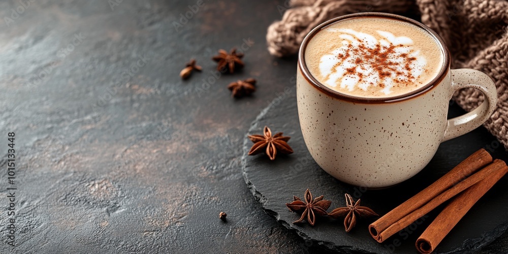 Spiced Chai Latte Served in a Beautiful Mug with Cinnamon Sticks and Star Anise on a Cozy Table Spiced Chai Latte Served in a Beautiful Mug with Cinnamon Sticks and Star Anise on a Cozy Table