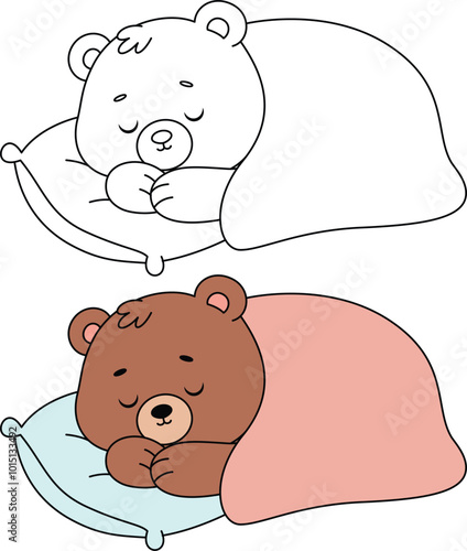 Hibernating Bear Outline Coloring Page. Christmas and Winter Illustration