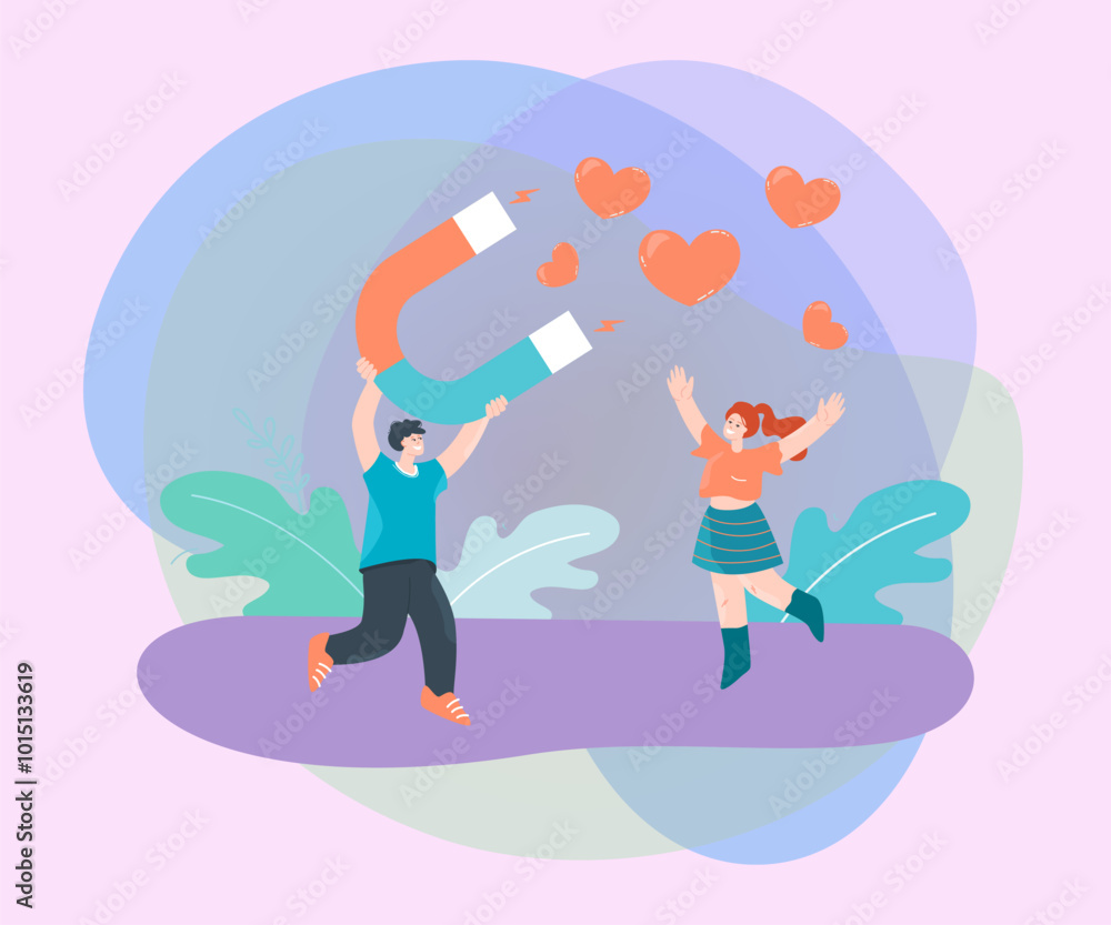 Man attracting hearts with magnet and happy woman. Male character attracting female flat vector illustration. Love, romance, relationship concept for banner, website design or landing web page Man attracting hearts with magnet and happy woman. Male character attracting female flat vector illustration. Love, romance, relationship concept for banner, website design or landing web page