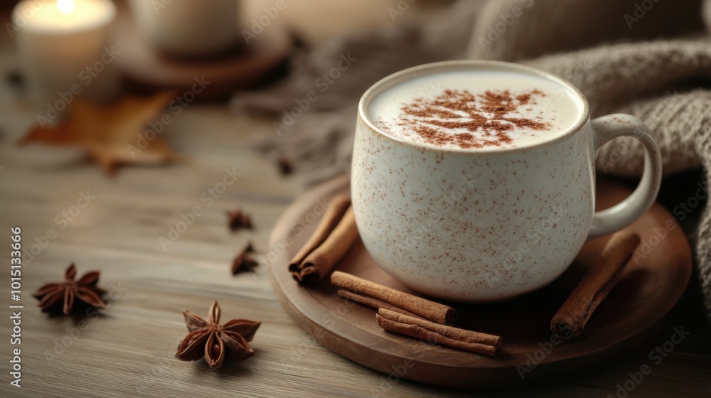 Spiced Chai Latte Served in a Beautiful Mug with Cinnamon Sticks and Star Anise on a Cozy Table Spiced Chai Latte Served in a Beautiful Mug with Cinnamon Sticks and Star Anise on a Cozy Table