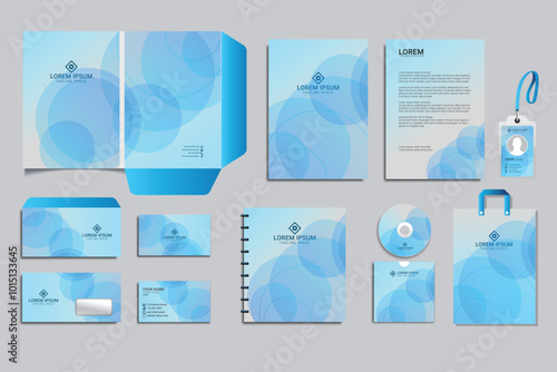 Stationery mock-up is set with the brand identity concept of an abstract design. Branding stationery mockup template of File folder, flyer, banner, promotional van car, and brochure. Editable vector