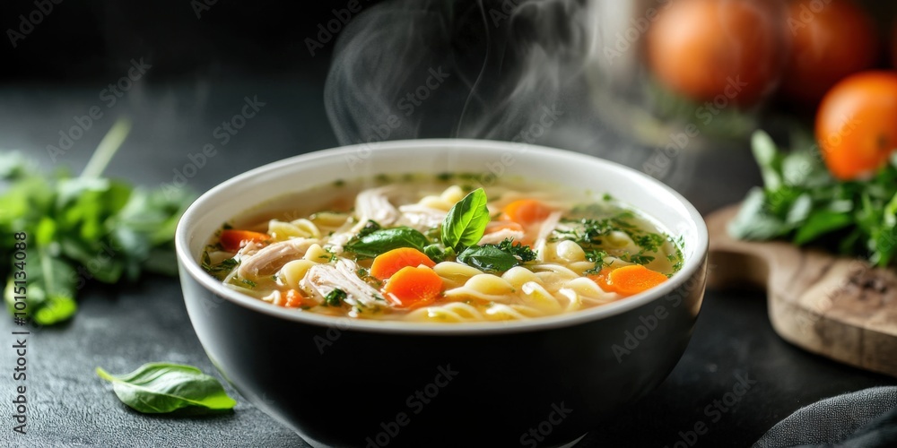 Steaming Bowl of Chicken Noodle Soup with Fresh Herbs and Vegetables on a Cozy Kitchen Table Steaming Bowl of Chicken Noodle Soup with Fresh Herbs and Vegetables on a Cozy Kitchen Table