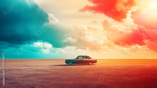 A lone silver car parked on a sandy plain under a vibrant sky with a teal and orange gradient photo