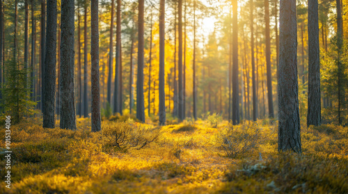 Sunlight streaming through tall pine trees in a peaceful forest with golden autumn leaves, tranquil nature scenery.