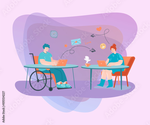 Man in wheelchair and woman sending messages via laptop. Guy with disability talking to girl flat vector illustration. Disability, communication, accessibility concept for banner, website design