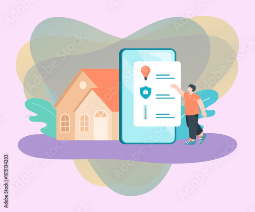 Man near phone with smart home system flat vector illustration. Tiny owner controlling lighting and temperature through app. Security, automation concept for banner, website design or landing web page