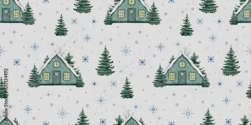 Whimsical Winter Wonderland: Hand-Drawn Seamless Pattern of Rural Houses and Joyful Holiday Scenes

