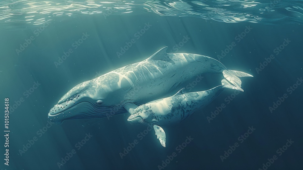 Naklejka premium A minimalistic side profile of a graceful whale swimming in a vast, open ocean, with the whale rendered in smooth, clean lines against a gradient blue background