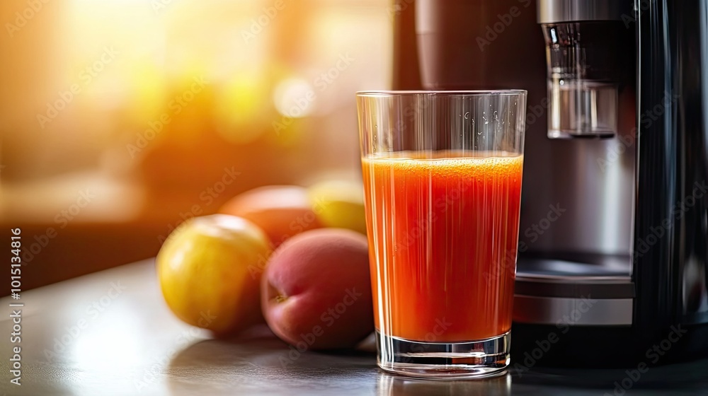 A glass of fresh juice sitting next to a modern juicer, with sunlight highlighting the bright colors of the drink and the fruits in the background. A glass of fresh juice sitting next to a modern juicer, with sunlight highlighting the bright colors of the drink and the fruits in the background.