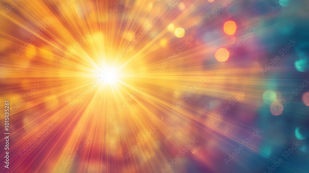 Vibrant burst of light in warm yellow, orange, and purple tones, surrounded by glowing bokeh effects, creating a radiant and energetic abstract design, perfect for themes of positivity, celebration Vibrant burst of light in warm yellow, orange, and purple tones, surrounded by glowing bokeh effects, creating a radiant and energetic abstract design, perfect for themes of positivity, celebration