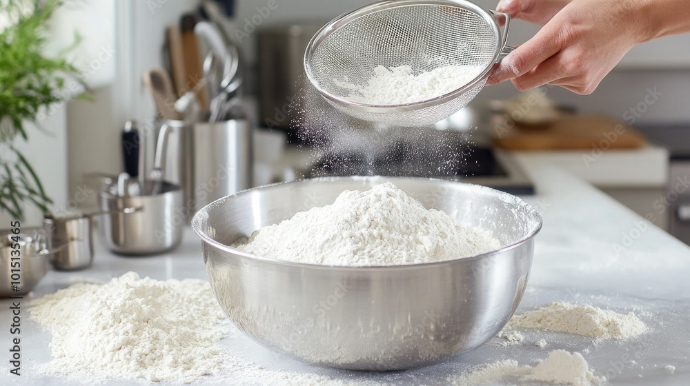 A side view of a person using a fine sieve to sift flour into a large mixing bowl, with scattered flour on the countertop and baking tools in the background. A side view of a person using a fine sieve to sift flour into a large mixing bowl, with scattered flour on the countertop and baking tools in the background.