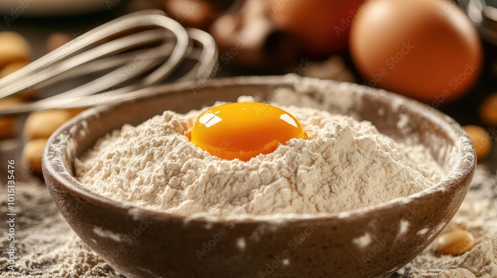 A side view of flour in a bowl with a vibrant egg yolk resting in the center, with a whisk and scattered baking ingredients in the background. A side view of flour in a bowl with a vibrant egg yolk resting in the center, with a whisk and scattered baking ingredients in the background.