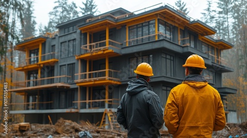 Modern Condominium Construction with Engineers Reviewing Blueprints on Site