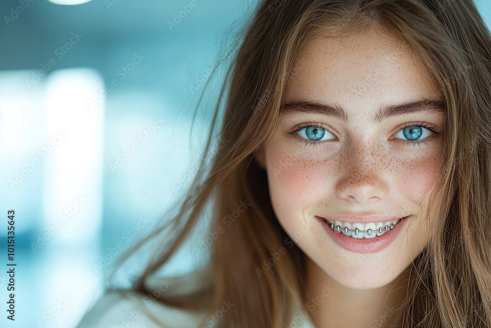A girl with braces is smiling at the camera A girl with braces is smiling at the camera