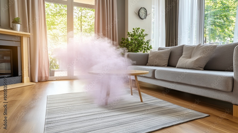 A living room air conditioner releasing cool, pastel pink air streams, giving the space a refreshing, whimsical atmosphere. A living room air conditioner releasing cool, pastel pink air streams, giving the space a refreshing, whimsical atmosphere.