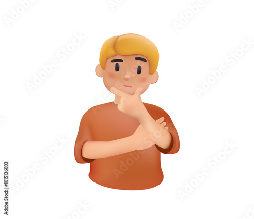 3D Cute boy thinking gesture. Little schoolboy thinking confused with question mark. Kid character feel curious, education concept in 3D cartoon style. Vector illustration