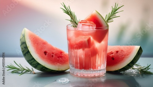 A summery watermelon vodka cocktail in a chilled glass, with watermelon slices and sprigs of