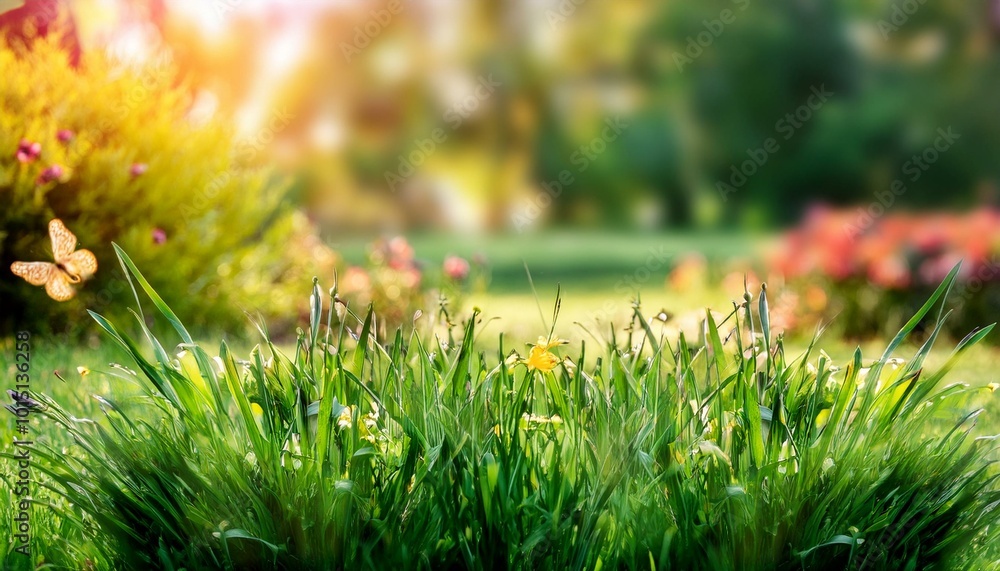 Close-up of vibrant green grass tips with a gentle, blurred garden full of colorful flowers Close-up of vibrant green grass tips with a gentle, blurred garden full of colorful flowers