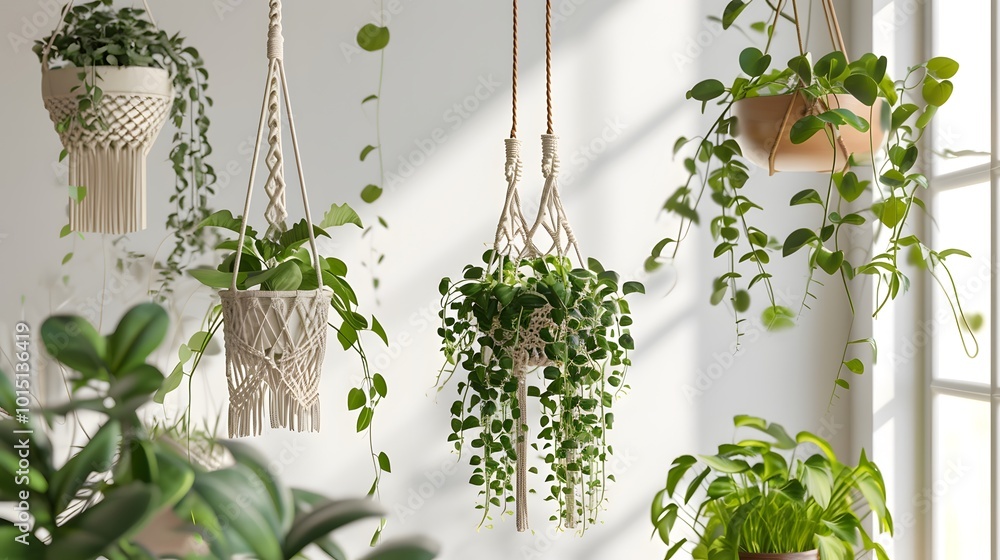 Obraz premium Trendy Boho Macramé Plant Hanger Design in Vector Art