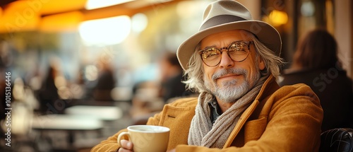 A senior man seated at a cafe in a bustling European square, savoring a cup of coffee and peoplewatching photo