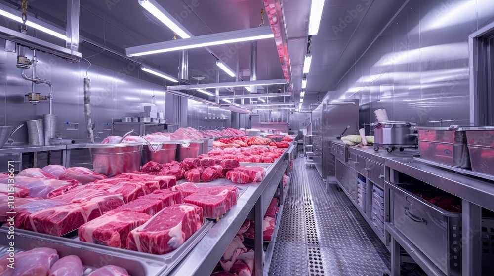 Modern meat processing facility showcasing various cuts of fresh meat. Modern meat processing facility showcasing various cuts of fresh meat.
