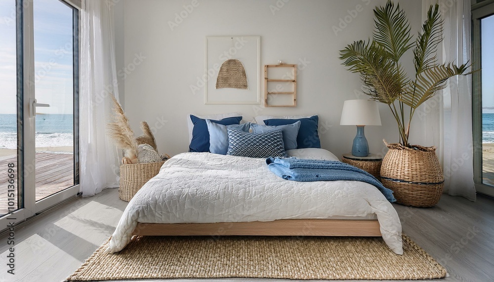 Minimalist modern coastal room with an all-white palette, accented by soft beige and navy li 