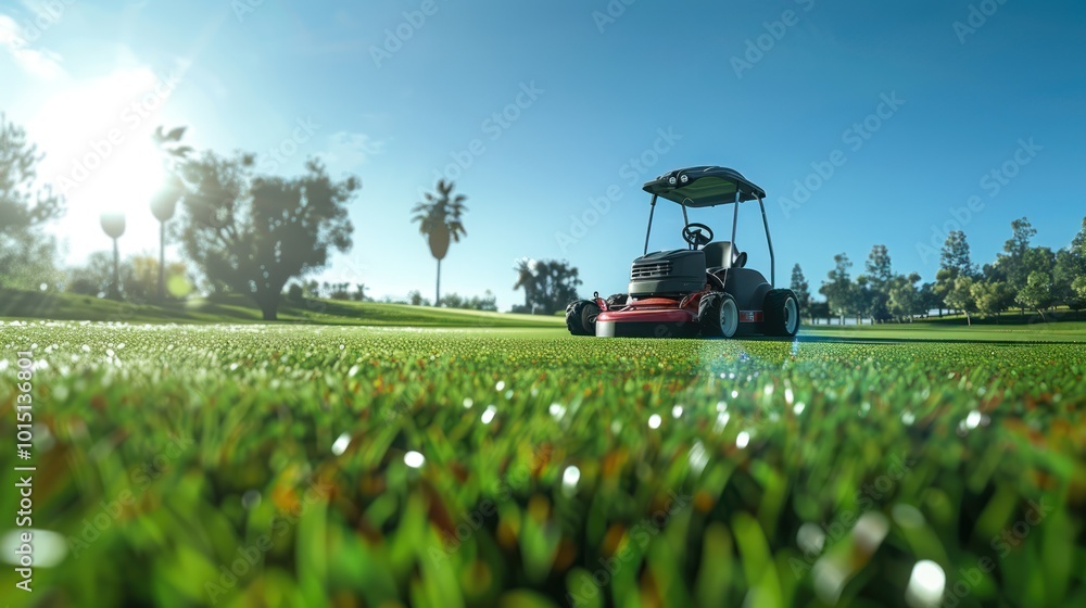 Lawn Mower on a Lush Green Golf Course with a Clear Blue Sky Lawn Mower on a Lush Green Golf Course with a Clear Blue Sky