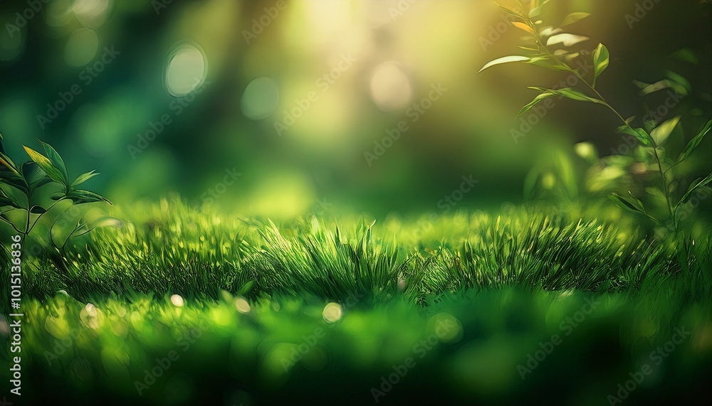 Patch of emerald green grass highlighted by morning sunlight, the background a soft blur of Patch of emerald green grass highlighted by morning sunlight, the background a soft blur of
