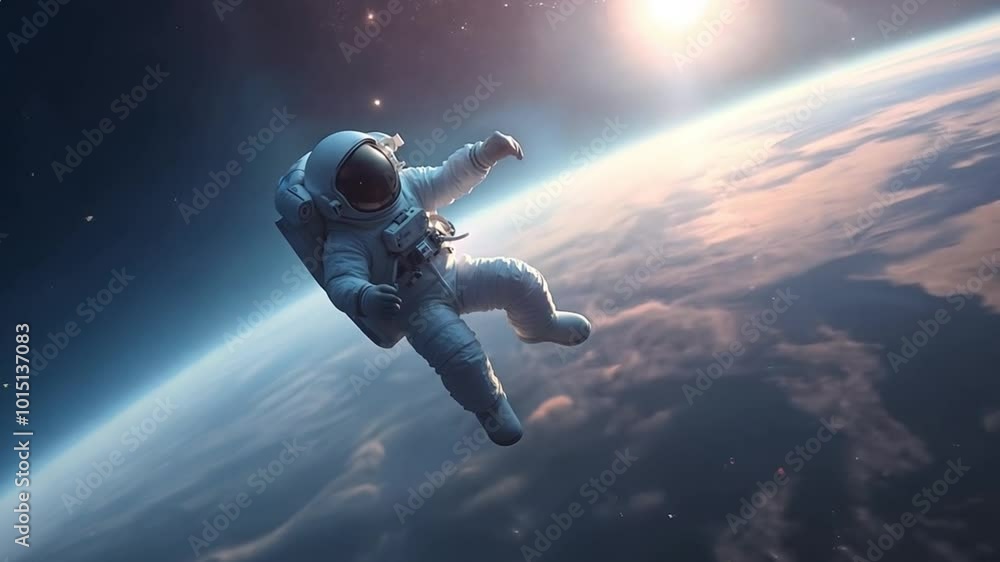 Astronaut Floating in Space Above Earth with the Sun in the Background Astronaut Floating in Space Above Earth with the Sun in the Background