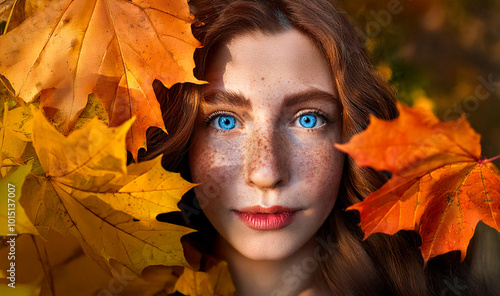 Close-up portrait of a woman with freckles and bright blue eyes framed by autumn leaves. Autumn aesthetics and seasonal photography.