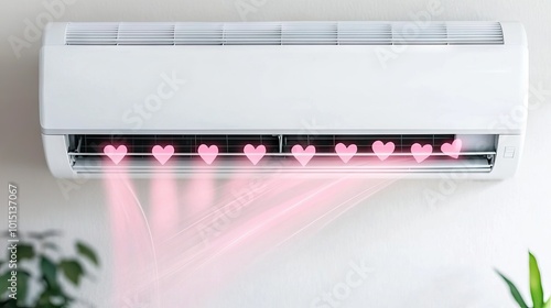 A modern living room with an air conditioner emitting refreshing pink heart streams, creating a fun and romantic Valentine's Day ambiance.