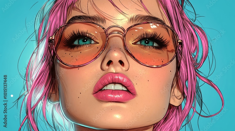 Vibrant Pop Art Woman with Pink Hair and Sunglasses in Comic Style Portrait Vibrant Pop Art Woman with Pink Hair and Sunglasses in Comic Style Portrait