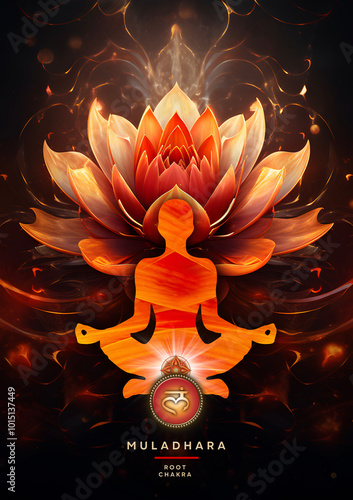 Root chakra meditation in yoga lotus pose, in front of Muladhara chakra symbol. Peaceful decor for kinesiology practitioners, massage therapists, reiki and chakra energy healers, yoga studios etc.
 photo