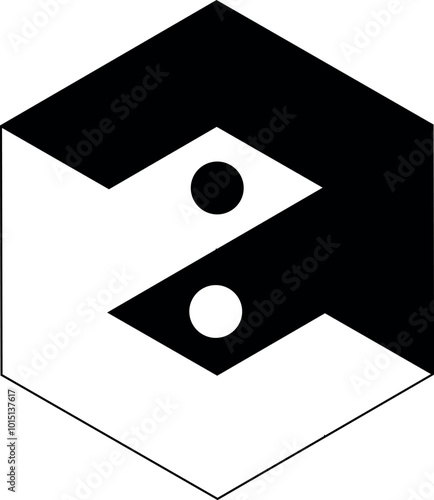 symbolic yin yang in a unique 3d hexagonal shape that gives illusion of a square cube. can be used as a logo or symbol or button on anywhere showing