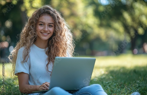 Young woman enjoying a sunny day in the park while using a laptop, surrounded by lush greenery, showcasing relaxation and productivity in an outdoor setting, ideal for lifestyle and remote work themes