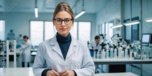 A young woman wearing a white lab coat and glasses, standing in a clinical setting with a blurred background, possibly a doctor or scientist.