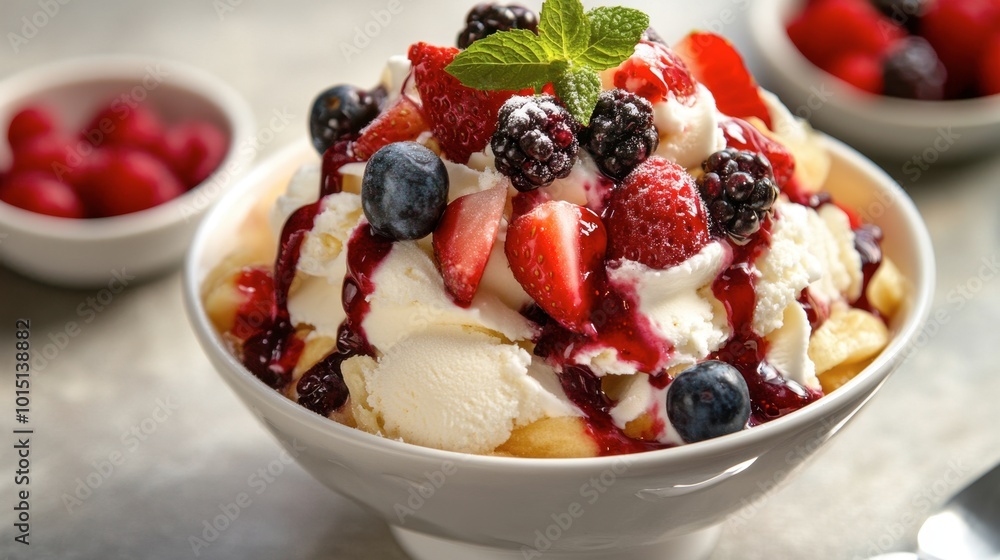 A classic sundae dish filled with creamy vanilla ice cream and topped with fresh fruit and a drizzle of berry sauce. A classic sundae dish filled with creamy vanilla ice cream and topped with fresh fruit and a drizzle of berry sauce.