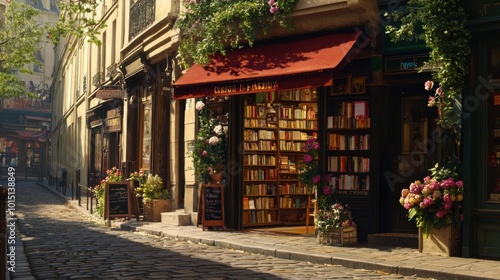 A classic Parisian street scene, with a vintage bookstore and flower shop on a cobbled street in the Marais district.