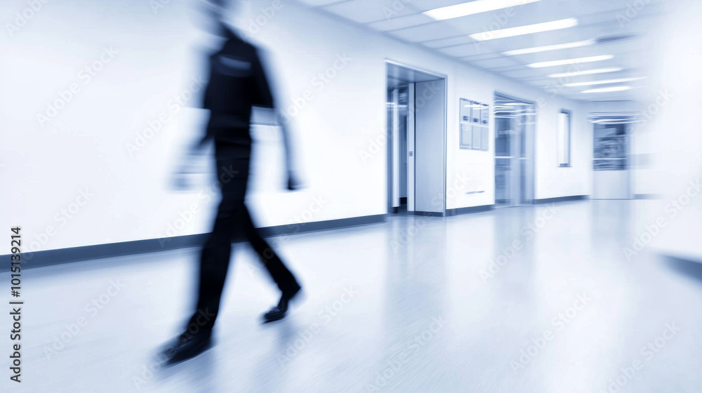 person walks through corridor in modern building, creating sense of motion and activity. blurred background emphasizes dynamic environment, suggesting busy atmosphere person walks through corridor in modern building, creating sense of motion and activity. blurred background emphasizes dynamic environment, suggesting busy atmosphere