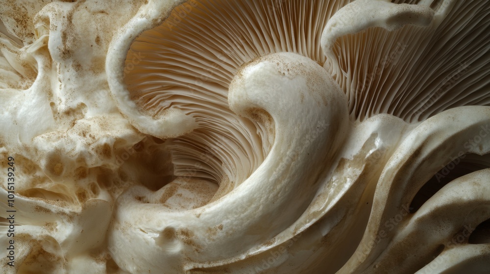 A close-up of the intricate gills on the underside of a large oyster mushroom, revealing the fine, delicate details. A close-up of the intricate gills on the underside of a large oyster mushroom, revealing the fine, delicate details.
