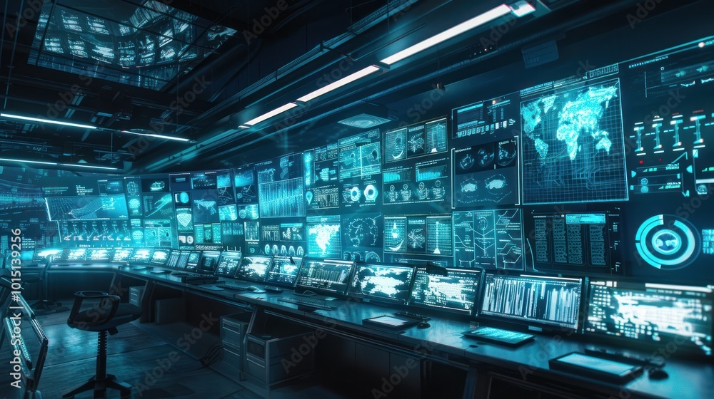 A Futuristic Control Room with Numerous Monitors Displaying Data and Charts A Futuristic Control Room with Numerous Monitors Displaying Data and Charts
