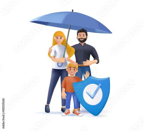 3D character design of family with father, mother holding umbrella and cheerful boy with shield for family life