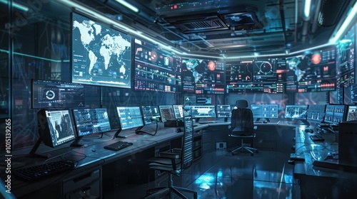 Wallpaper Mural Futuristic Control Room with Multiple Monitors Displaying Data and Maps Torontodigital.ca