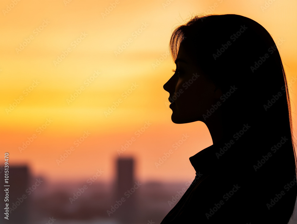 silhouette of woman against vibrant sunset, showcasing her profile with blurred cityscape in background. warm colors evoke sense of calm and reflection silhouette of woman against vibrant sunset, showcasing her profile with blurred cityscape in background. warm colors evoke sense of calm and reflection
