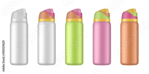 Set of drinking bottles. 3d mockup of a travel tumbler. Set of white, pink, orange and green water bottles. Thermos template. Bicycle sport container