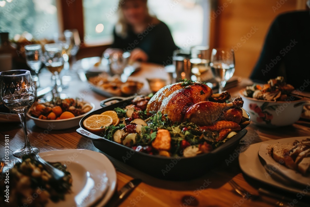 Fototapeta premium thanksgiving food on the dining table with turkey as the main dish
