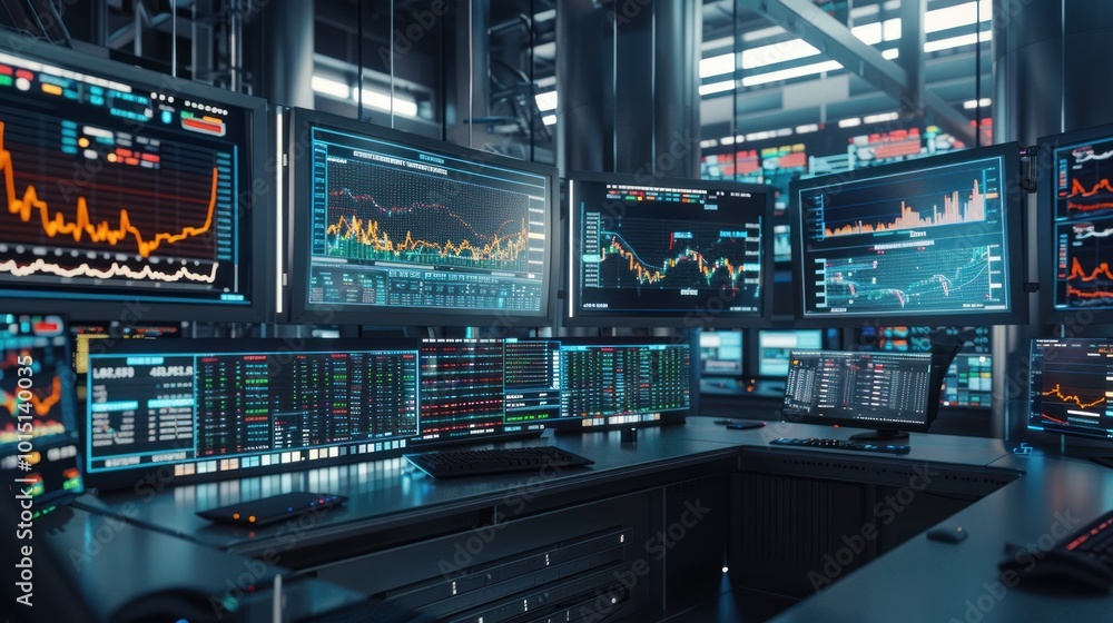 A Workstation with Multiple Monitors Displaying Stock Market Data A Workstation with Multiple Monitors Displaying Stock Market Data