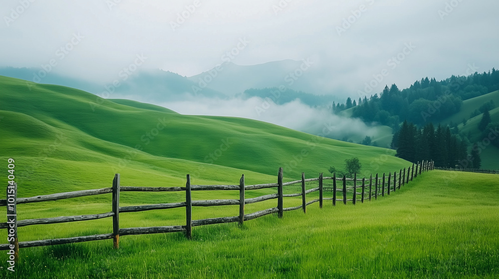 A serene green landscape with rolling hills and wooden fences A serene green landscape with rolling hills and wooden fences