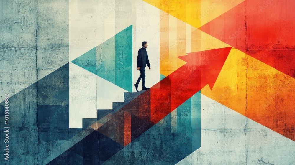 Fototapeta premium Man Climbing Steps Towards Progress and Success
