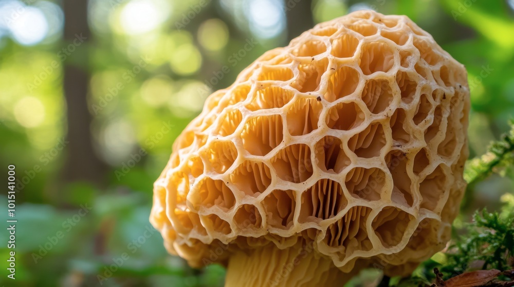A detailed close-up of the unique pattern on a morel mushroom's honeycomb-like cap, with soft sunlight highlighting its texture. A detailed close-up of the unique pattern on a morel mushroom's honeycomb-like cap, with soft sunlight highlighting its texture.
